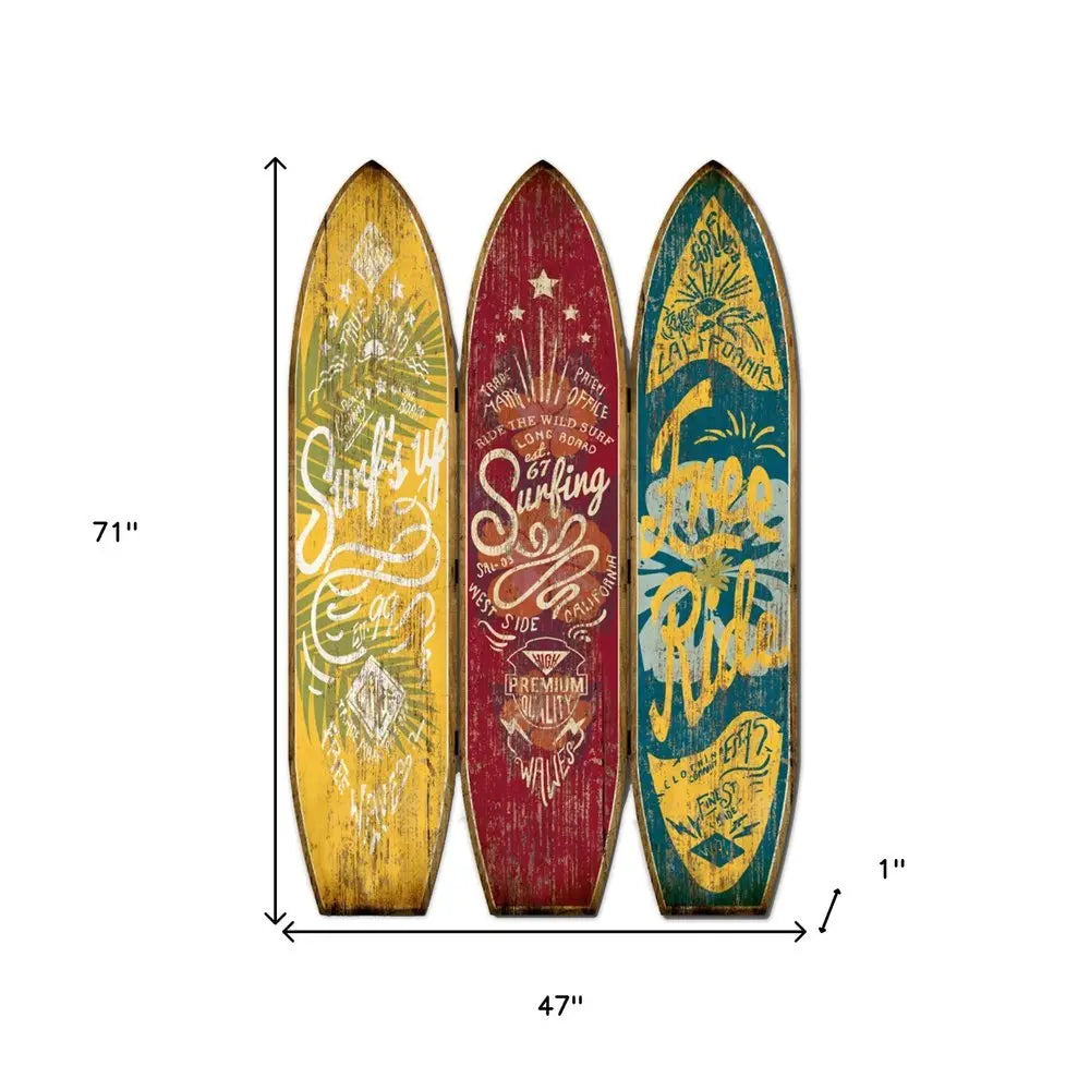 71" Blue Red and Yellow Solid Wood Folding Three Panel Screen Room Divider - NOBLE HOME INTERIORS