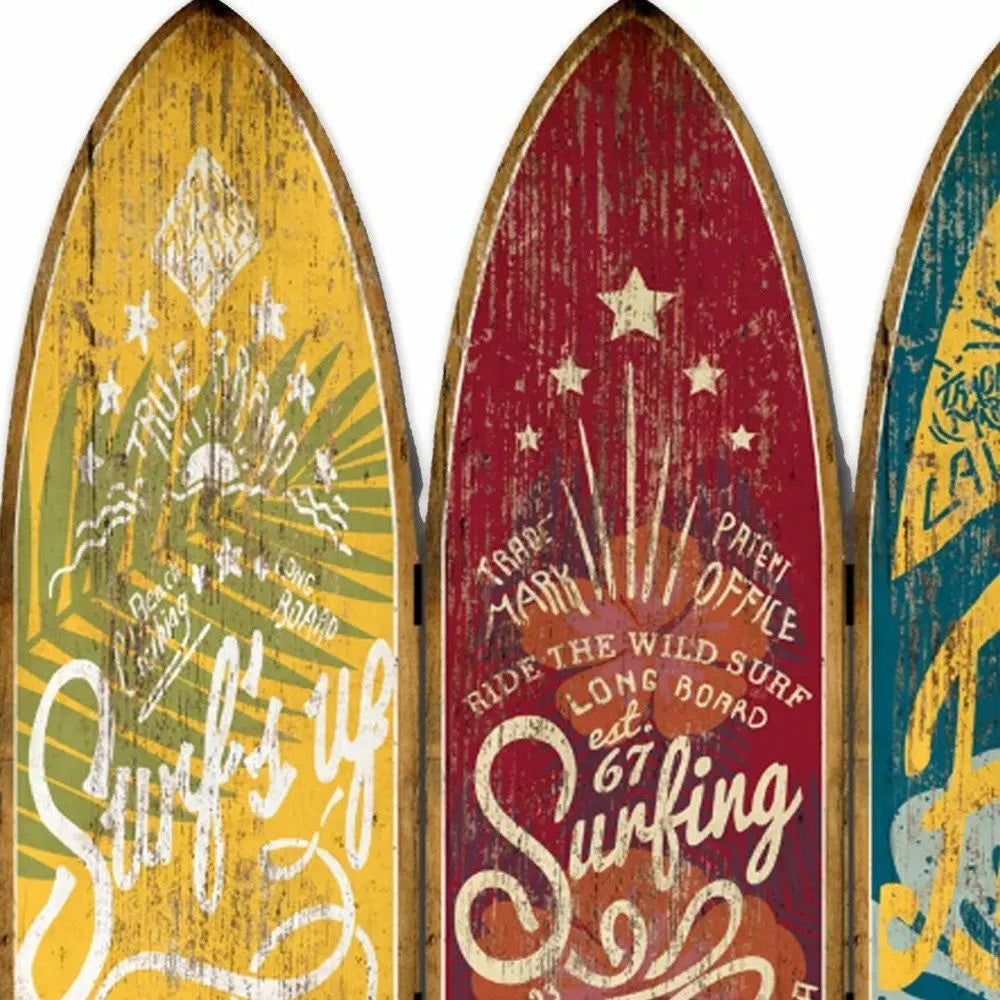 71" Blue Red and Yellow Solid Wood Folding Three Panel Screen Room Divider - NOBLE HOME INTERIORS