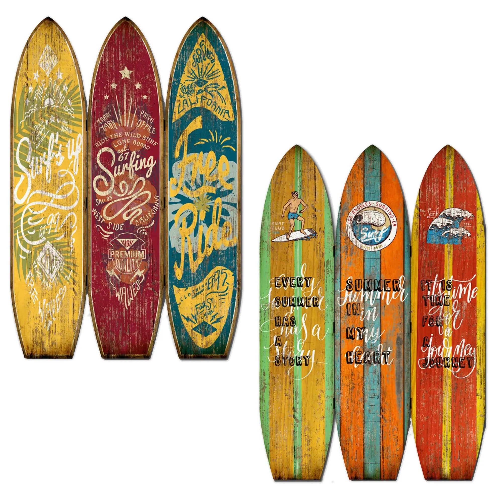 71" Blue Red and Yellow Solid Wood Folding Three Panel Screen Room Divider - NOBLE HOME INTERIORS