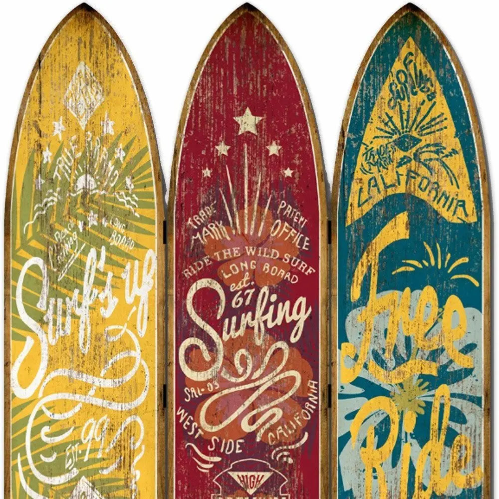 71" Blue Red and Yellow Solid Wood Folding Three Panel Screen Room Divider - NOBLE HOME INTERIORS