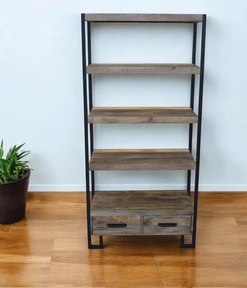 71" Brown Distressed Solid Wood Four Tier Etagere Bookcase with Two Drawers - NOBLE HOME INTERIORS