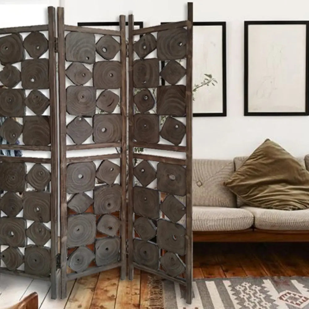 71" Brown Solid Wood Folding Three Panel Screen Room Divider - NOBLE HOME INTERIORS