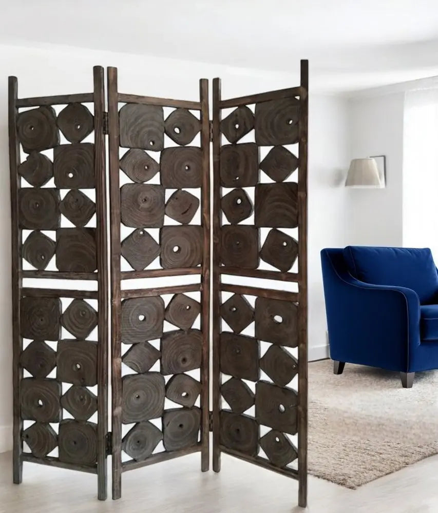 71" Brown Solid Wood Folding Three Panel Screen Room Divider - NOBLE HOME INTERIORS