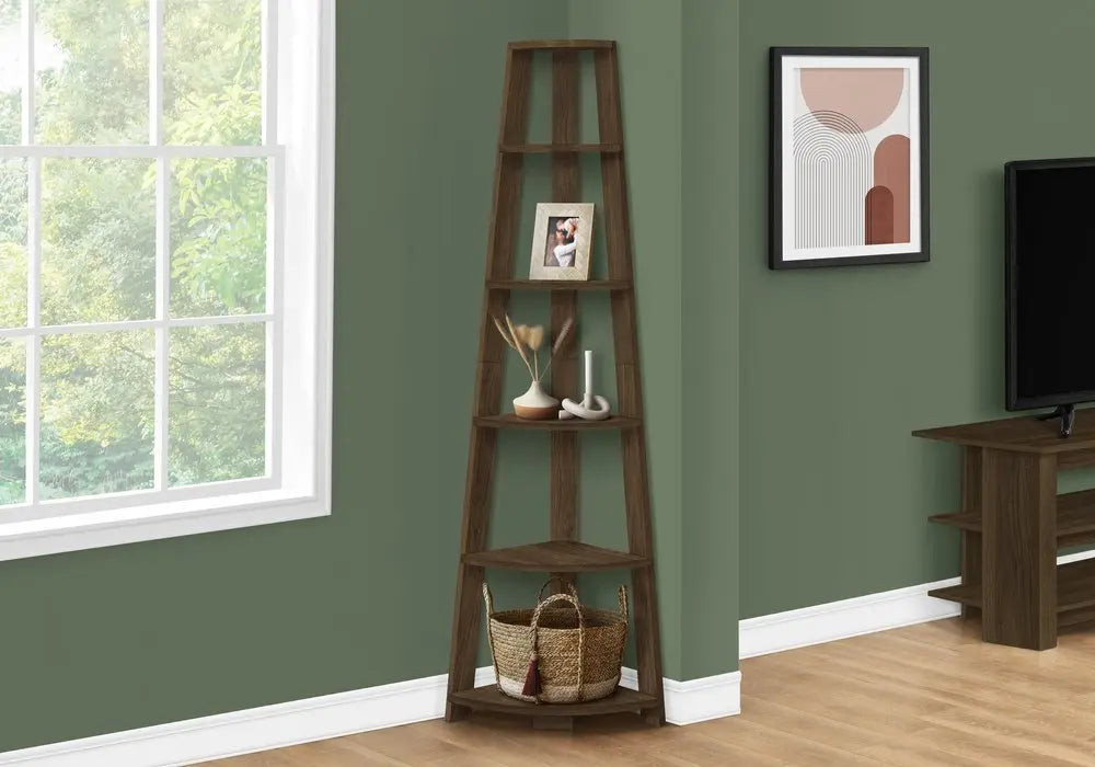 71" Dark Brown Wood Five Tier Corner Bookcase - NOBLE HOME INTERIORS