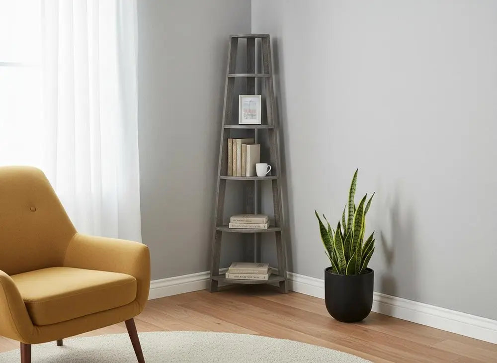 71" Espresso Wood Five Tier Corner Bookcase - NOBLE HOME INTERIORS