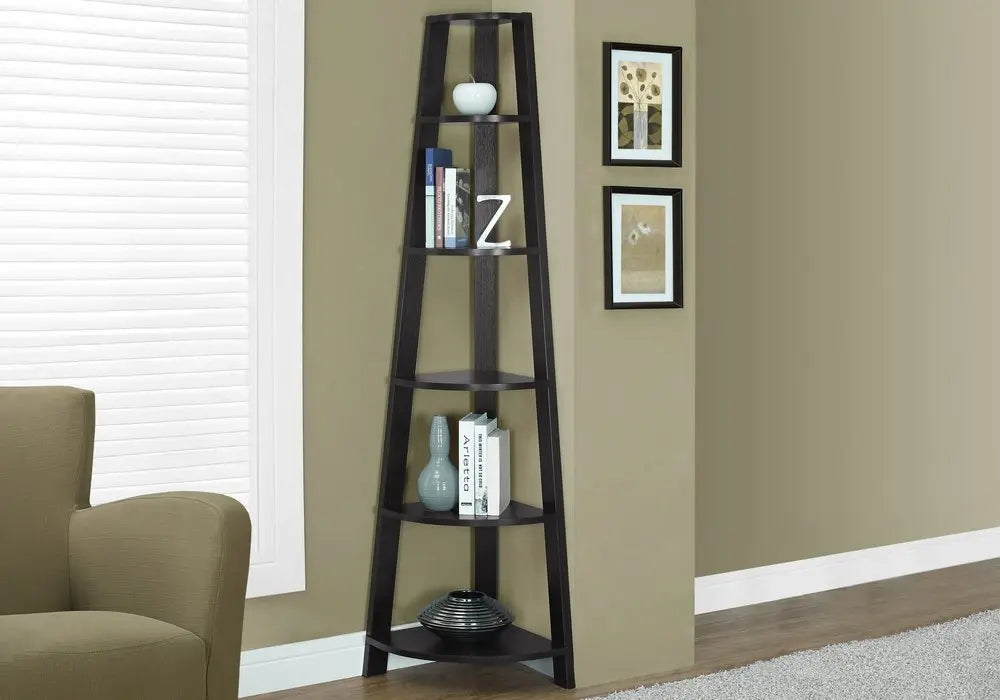 71" Espresso Wood Five Tier Corner Bookcase - NOBLE HOME INTERIORS