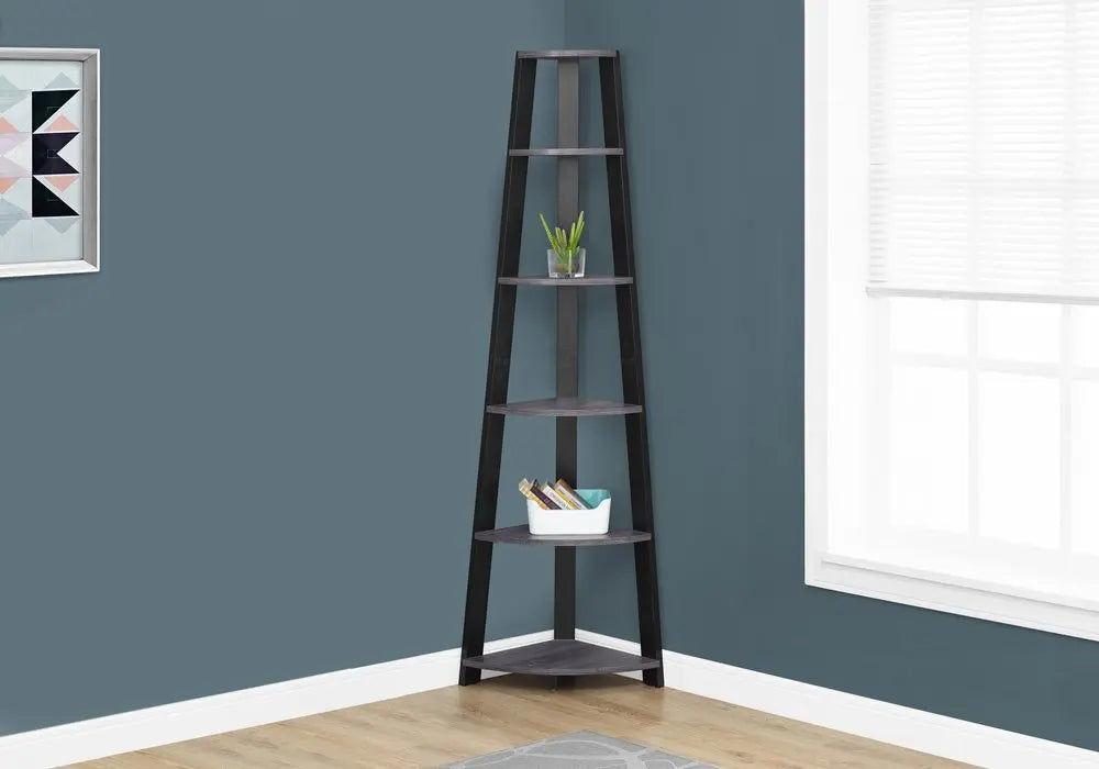 71" Espresso Wood Five Tier Corner Bookcase - NOBLE HOME INTERIORS