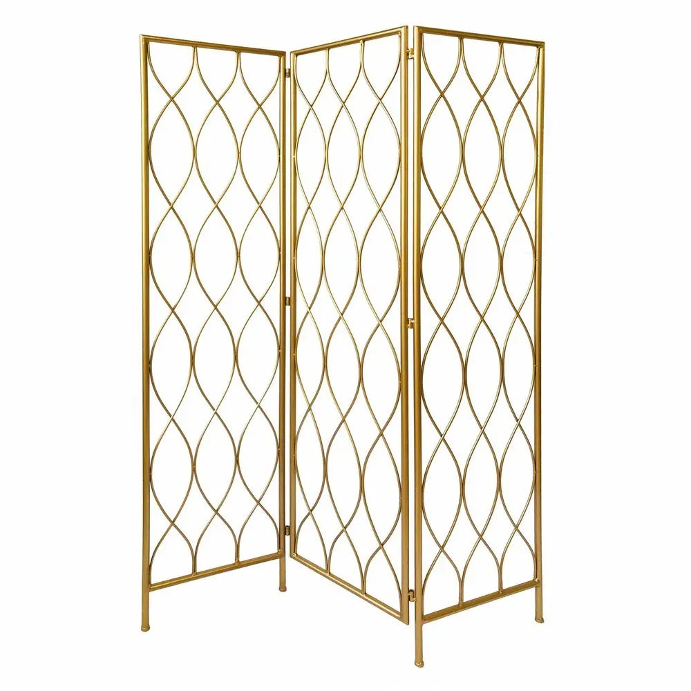 71" Gold Iron Folding Three Panel Screen Room Divider - NOBLE HOME INTERIORS