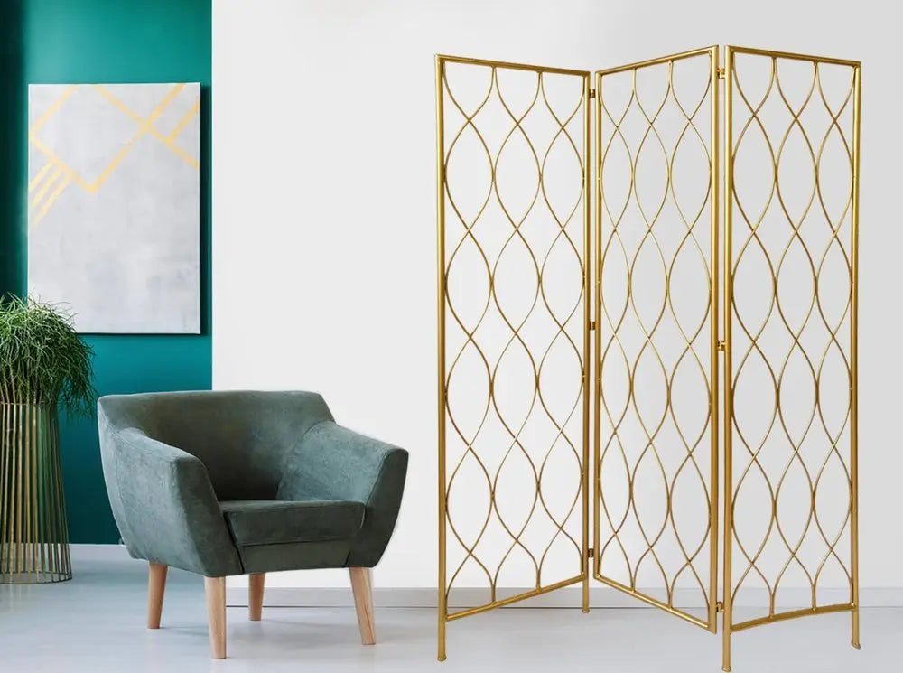 71" Gold Iron Folding Three Panel Screen Room Divider - NOBLE HOME INTERIORS