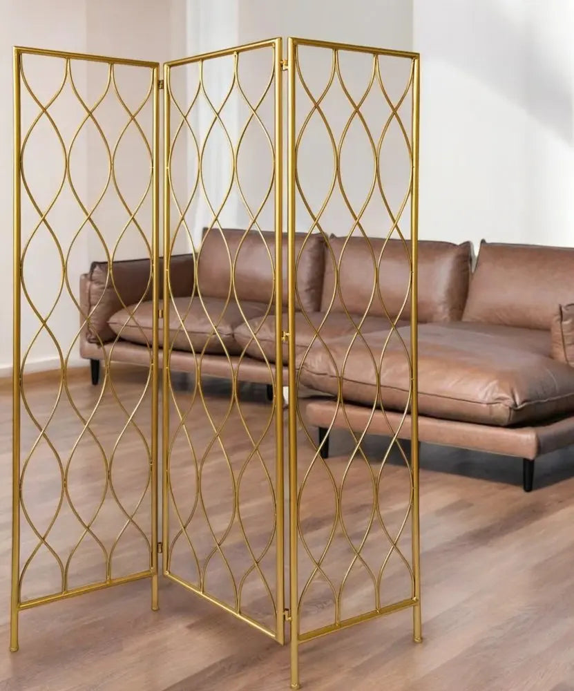 71" Gold Iron Folding Three Panel Screen Room Divider - NOBLE HOME INTERIORS