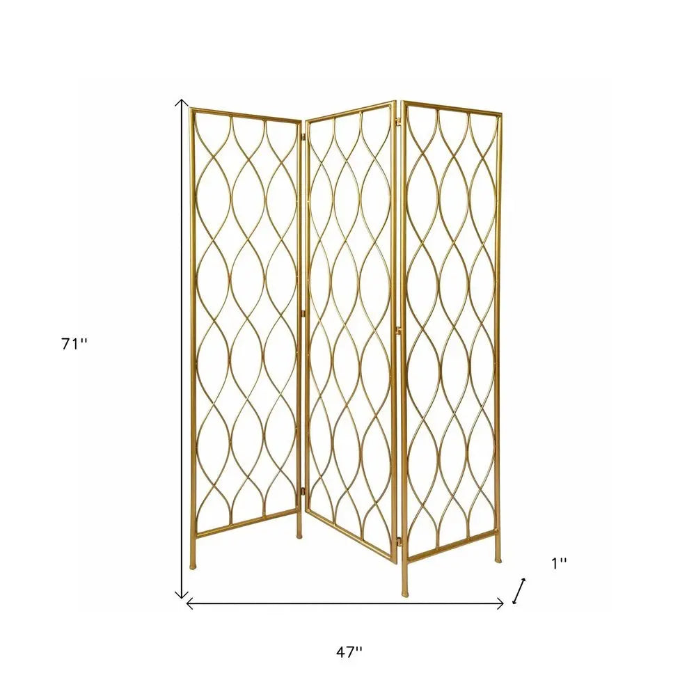71" Gold Iron Folding Three Panel Screen Room Divider - NOBLE HOME INTERIORS