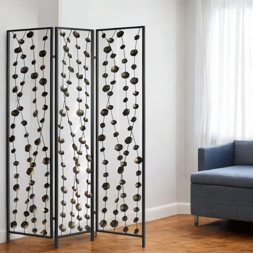 71" Gray Iron Folding Three Panel Screen Room Divider - NOBLE HOME INTERIORS