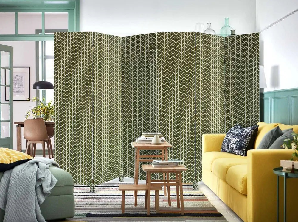 71" Green Fabric Folding Three Panel Screen Room Divider - NOBLE HOME INTERIORS