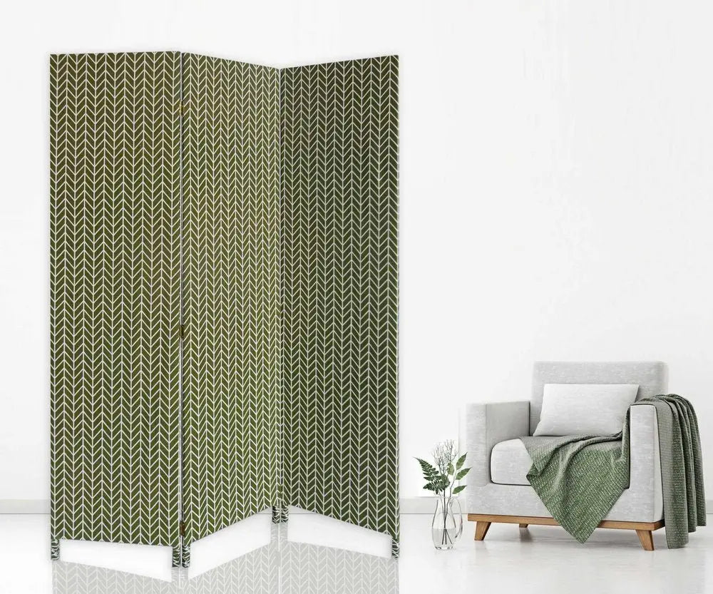 71" Green Fabric Folding Three Panel Screen Room Divider - NOBLE HOME INTERIORS