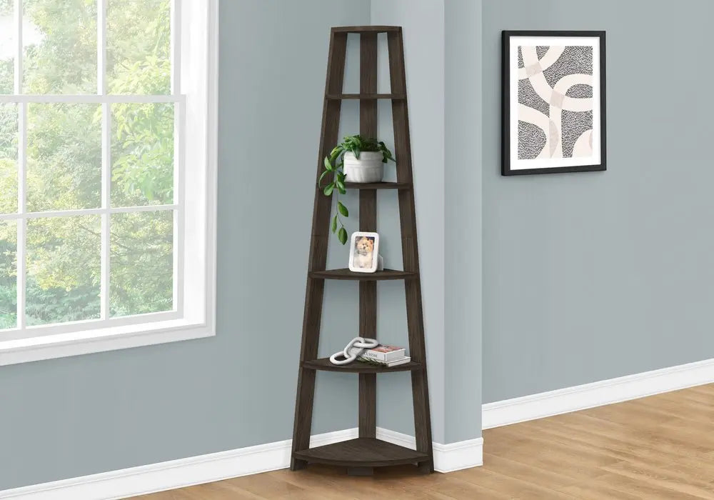 71" Oak Particle Board and Wood Five Tier Corner Bookcase - NOBLE HOME INTERIORS