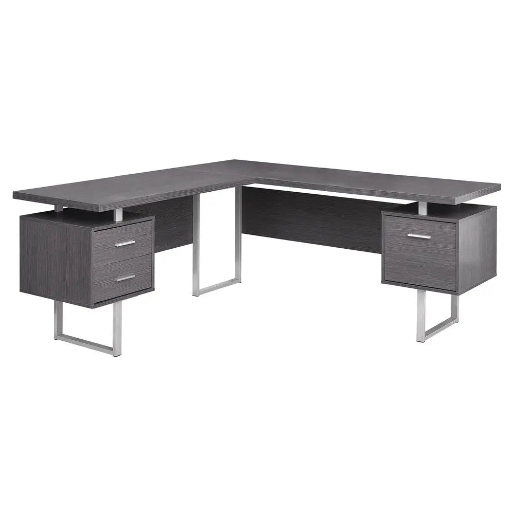 71" Taupe and Silver L Shape Computer Desk With Three Drawers - NOBLE HOME INTERIORS