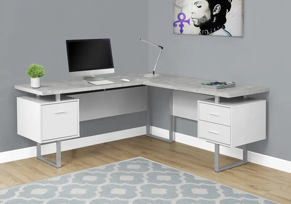 71" Taupe and Silver L Shape Computer Desk With Three Drawers - NOBLE HOME INTERIORS