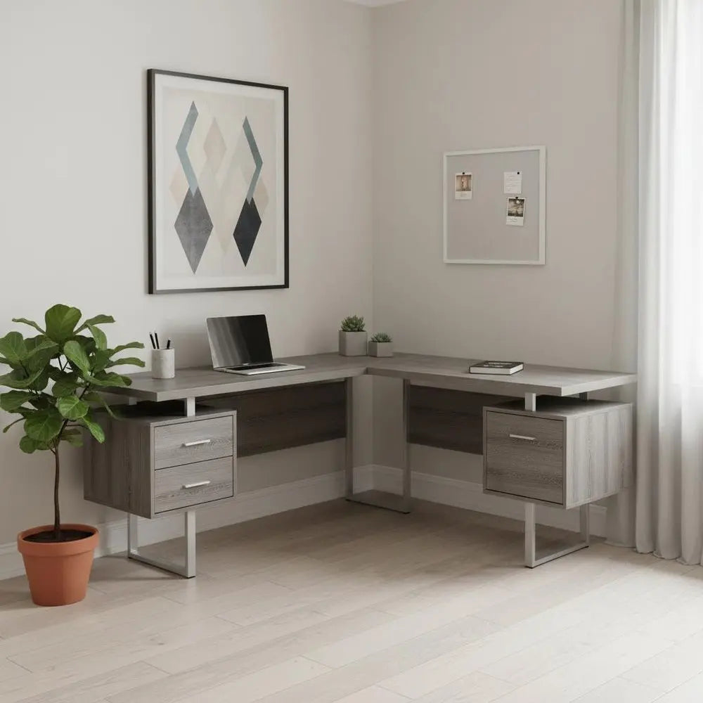 71" Taupe and Silver L Shape Computer Desk With Three Drawers - NOBLE HOME INTERIORS