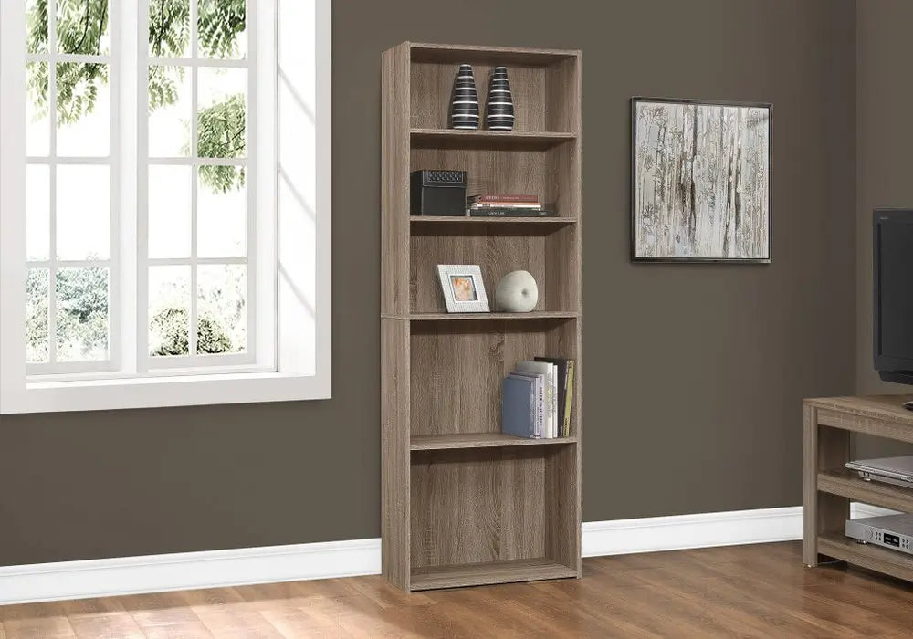 71" Taupe Distressed Wood Adjustable Five Tier Bookcase - NOBLE HOME INTERIORS