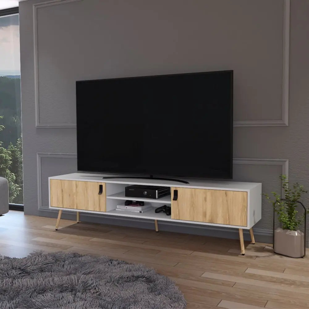 71" White And Beige Enclosed And Open Storage TV Stand - NOVA HOME FURNITURE