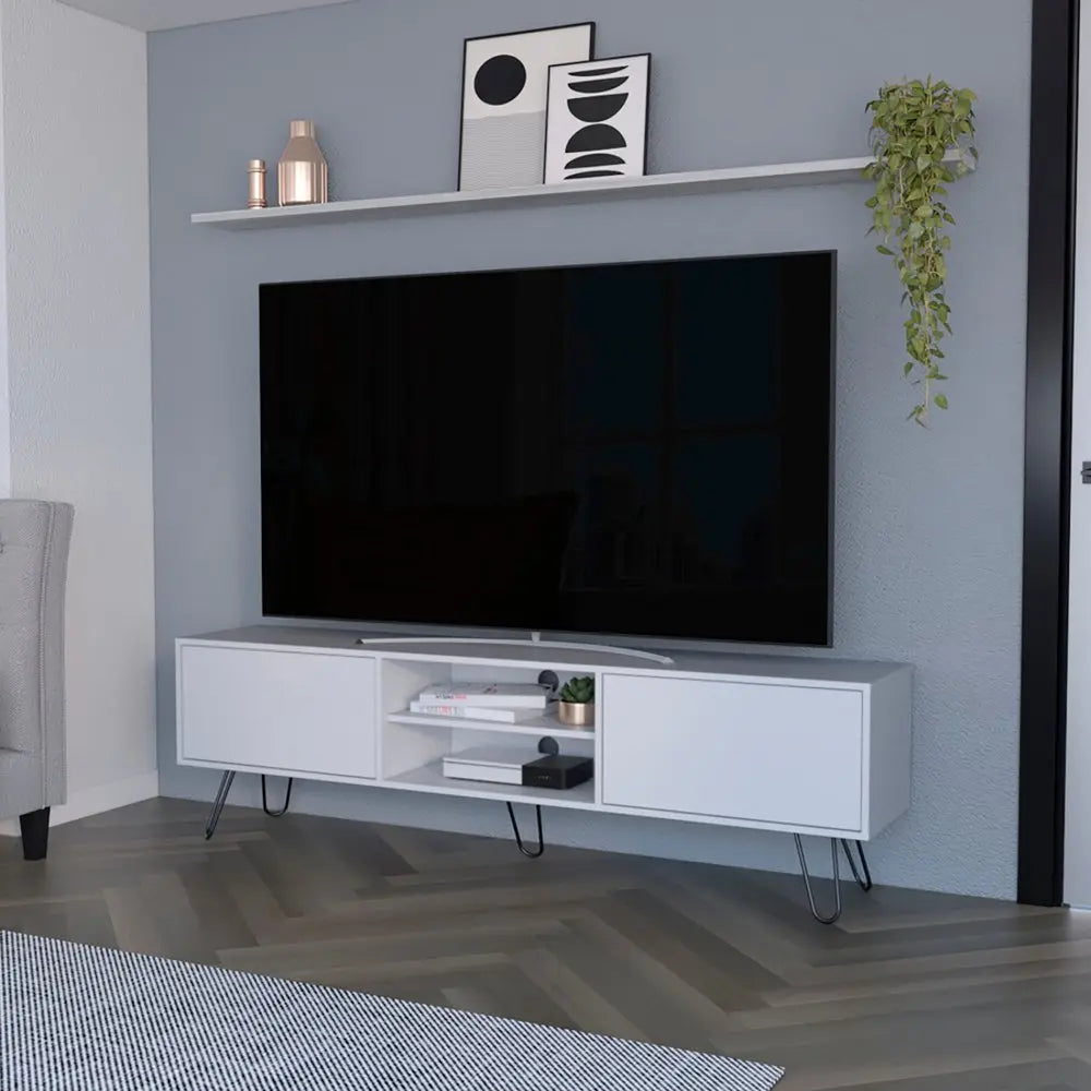 71" White Cabinet Open And Enclosed Storage TV Stand - NOVA HOME FURNITURE
