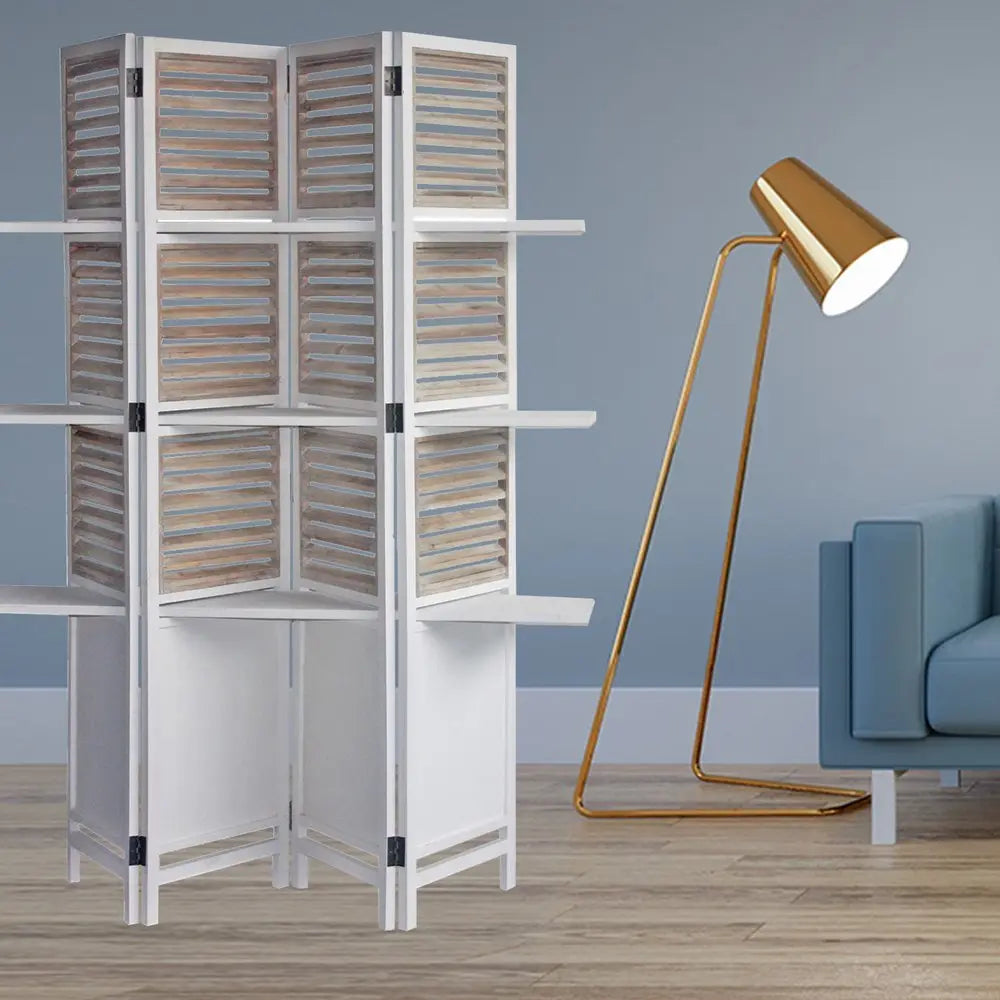 71" White Wood Folding Four Panel Screen Room Divider - NOBLE HOME INTERIORS