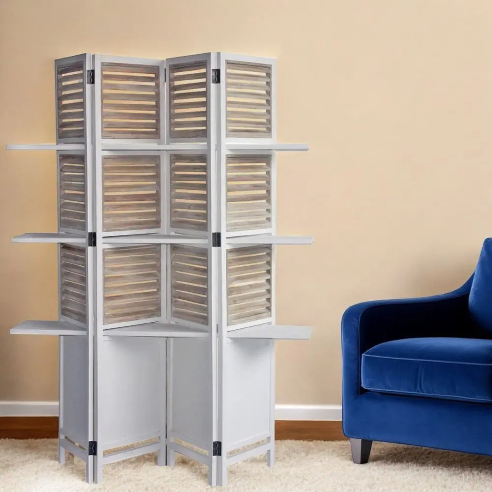 71" White Wood Folding Four Panel Screen Room Divider - NOBLE HOME INTERIORS