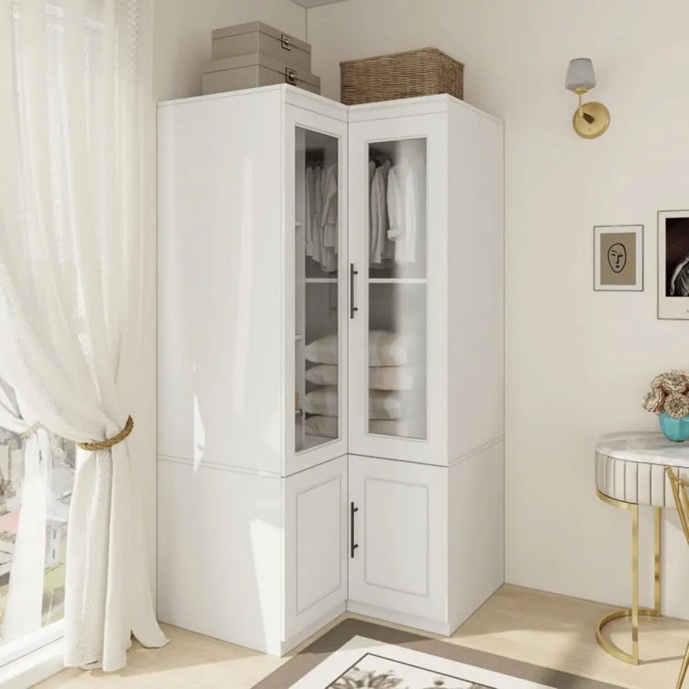 71" White Wood Four Door Corner Combo Dresser - NOBLE HOME INTERIORS