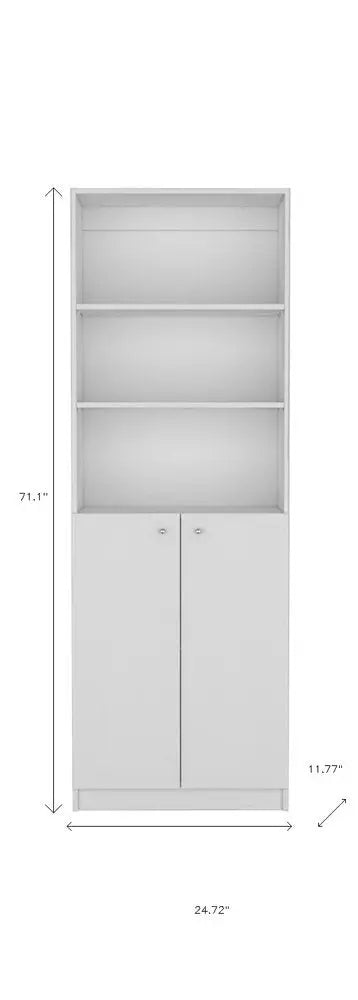 71" White Wood Three Tier Bookcase with Two Doors - NOBLE HOME INTERIORS