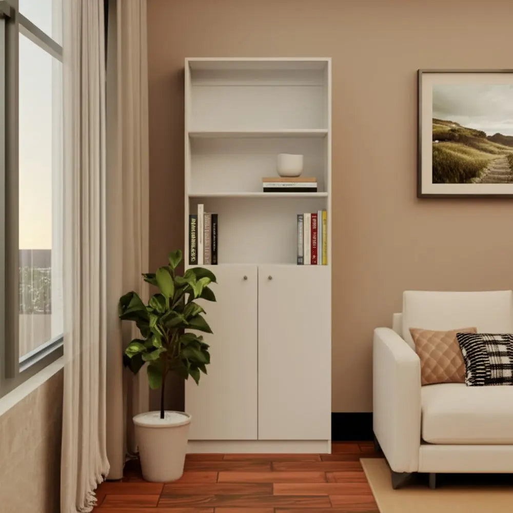 71" White Wood Three Tier Bookcase with Two Doors - NOBLE HOME INTERIORS