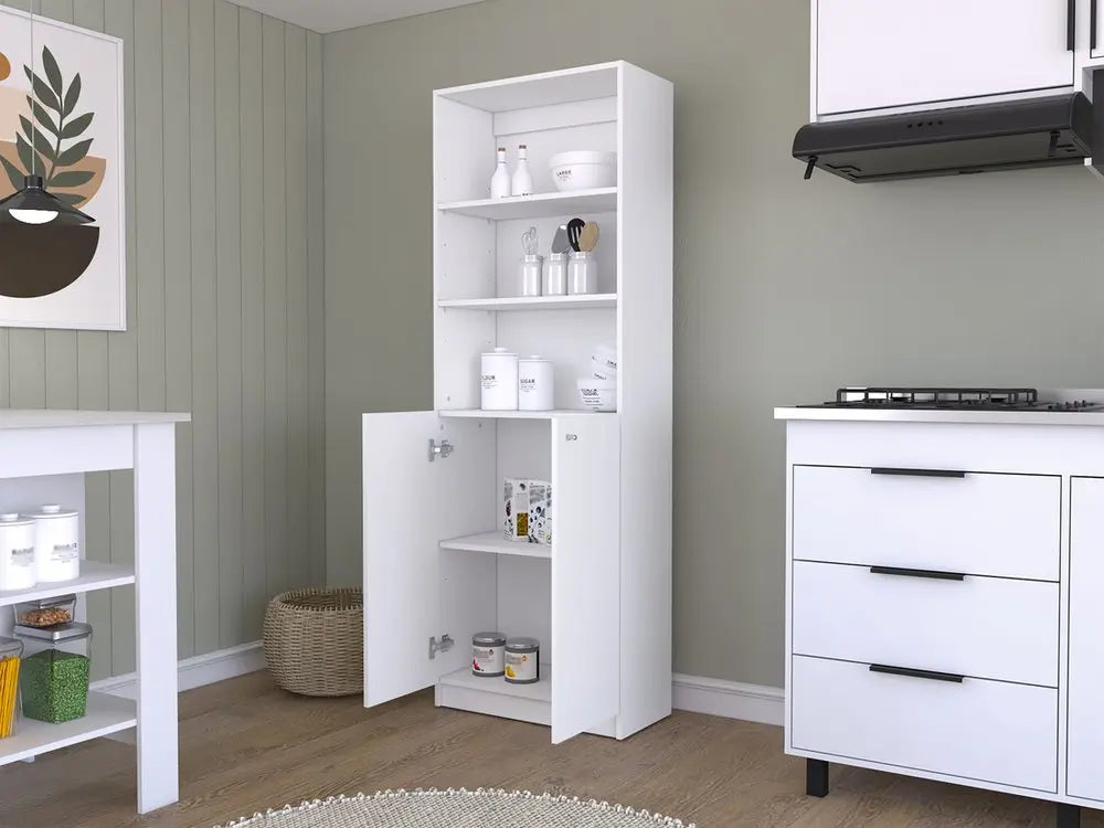 71" White Wood Three Tier Bookcase with Two Doors - NOBLE HOME INTERIORS