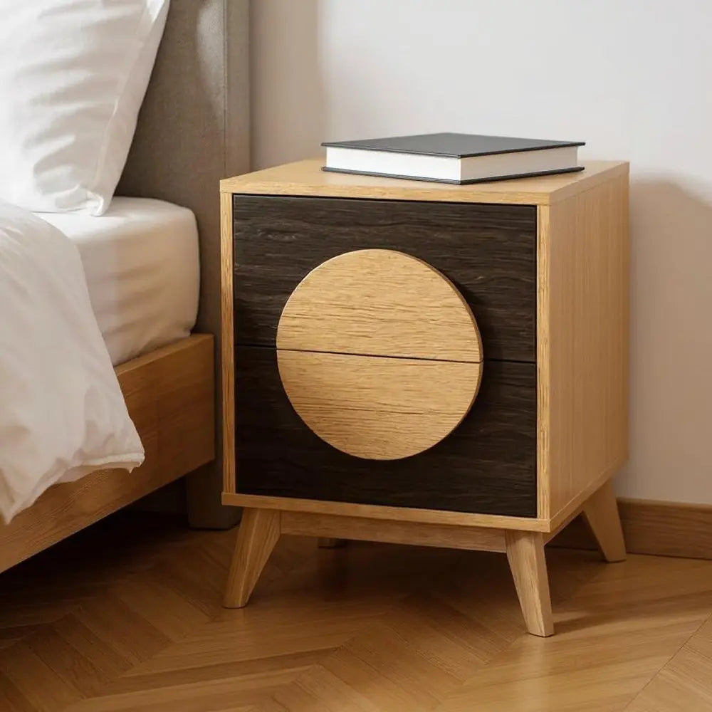 21" Oak And Dark Brown Solid Wood Square Two Drawer Nightstand HomeRoots