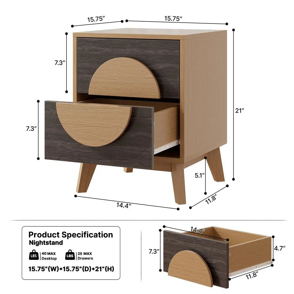 Set of Two 21" Oak And Dark Brown Solid Wood Square Two Drawer Nightstands HomeRoots
