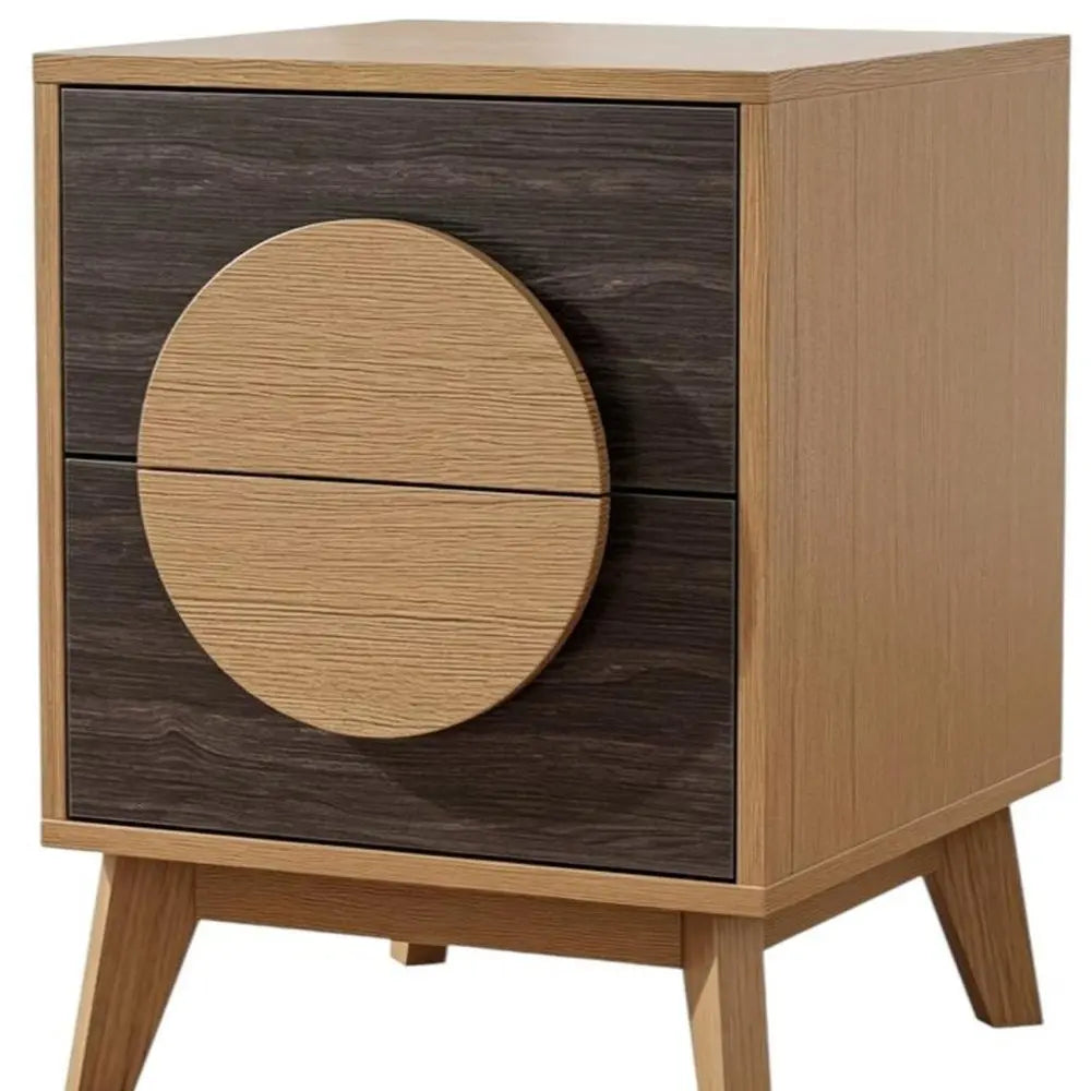 Set of Two 21" Oak And Dark Brown Solid Wood Square Two Drawer Nightstands HomeRoots