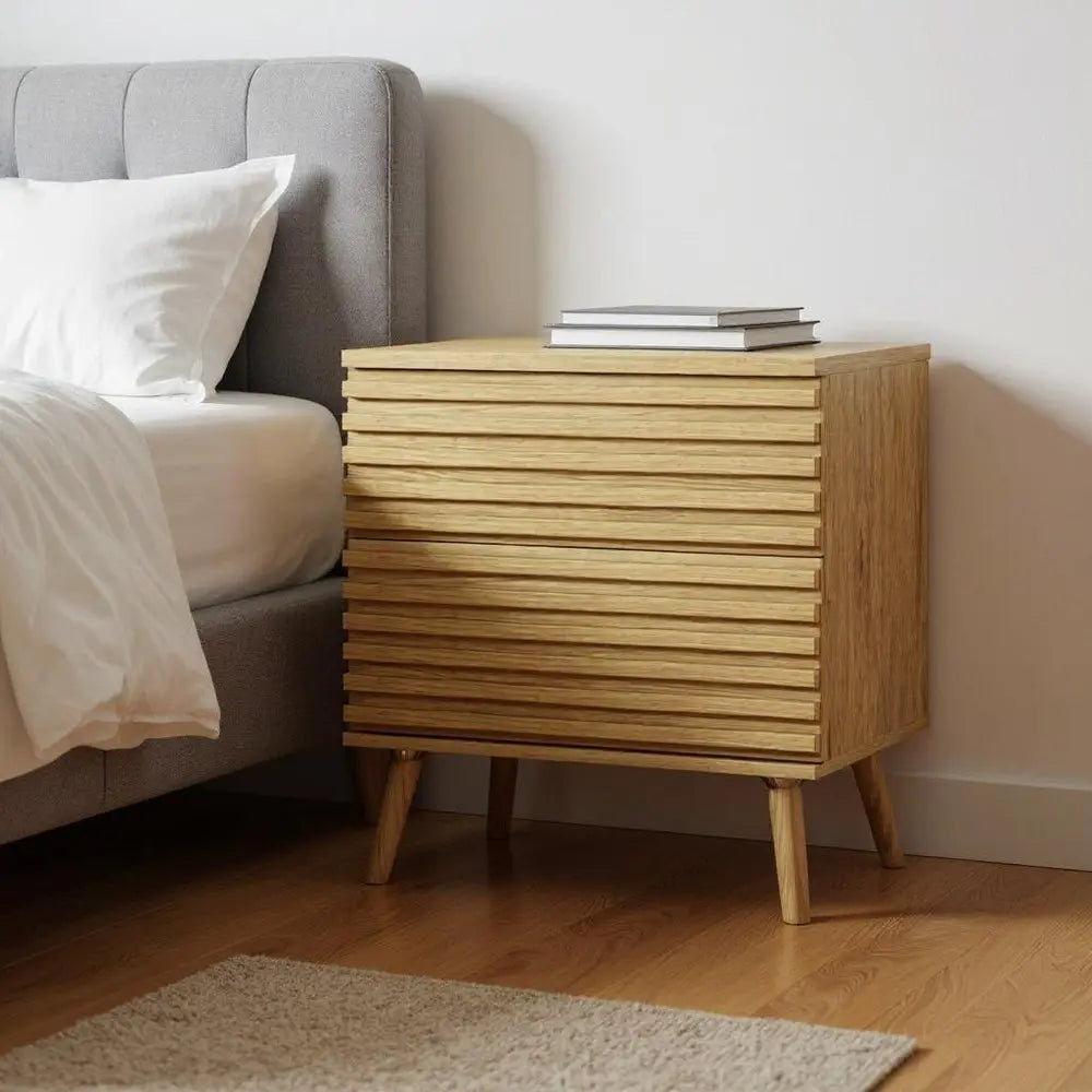 23" Natural Solid Wood Ribbed Texture Two Drawer Nightstand HomeRoots