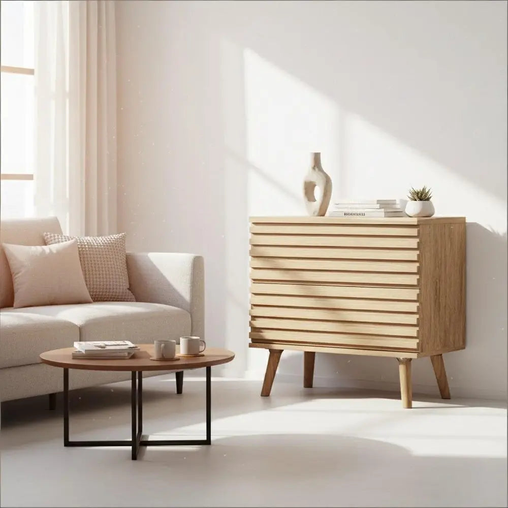 Set of Two 23" Natural Solid Wood Ribbed Texture Two Drawer Nightstand HomeRoots