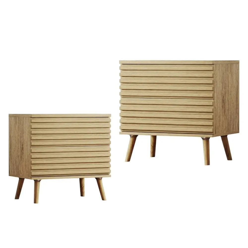 Set of Two 23" Natural Solid Wood Ribbed Texture Two Drawer Nightstand HomeRoots