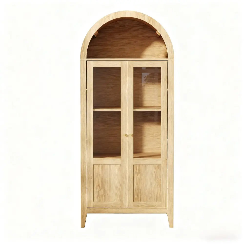 30" Natural Arched Accent Cabinet With Two Glass Panel Doors HomeRoots