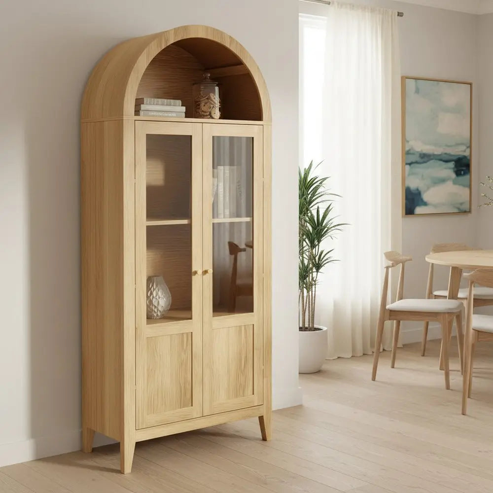 30" Natural Arched Accent Cabinet With Two Glass Panel Doors HomeRoots