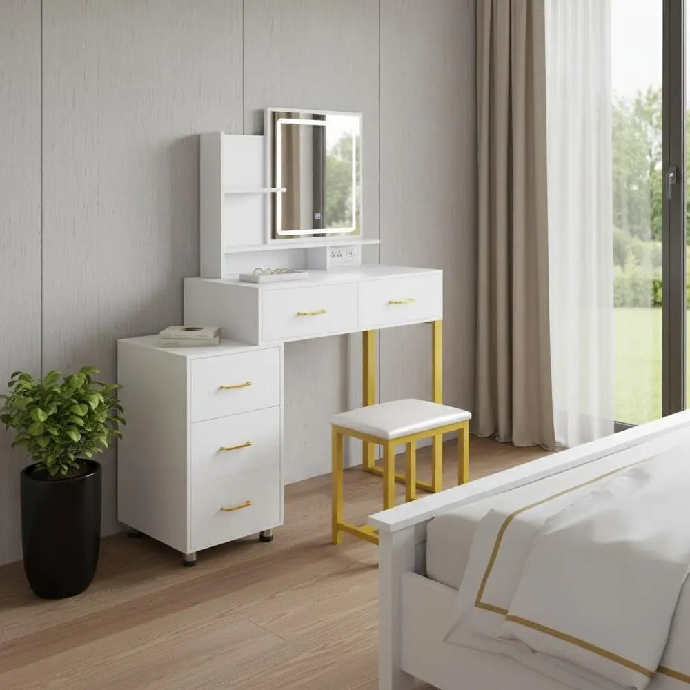 32" White Wood Lighted Five Drawer Dresser HomeRoots