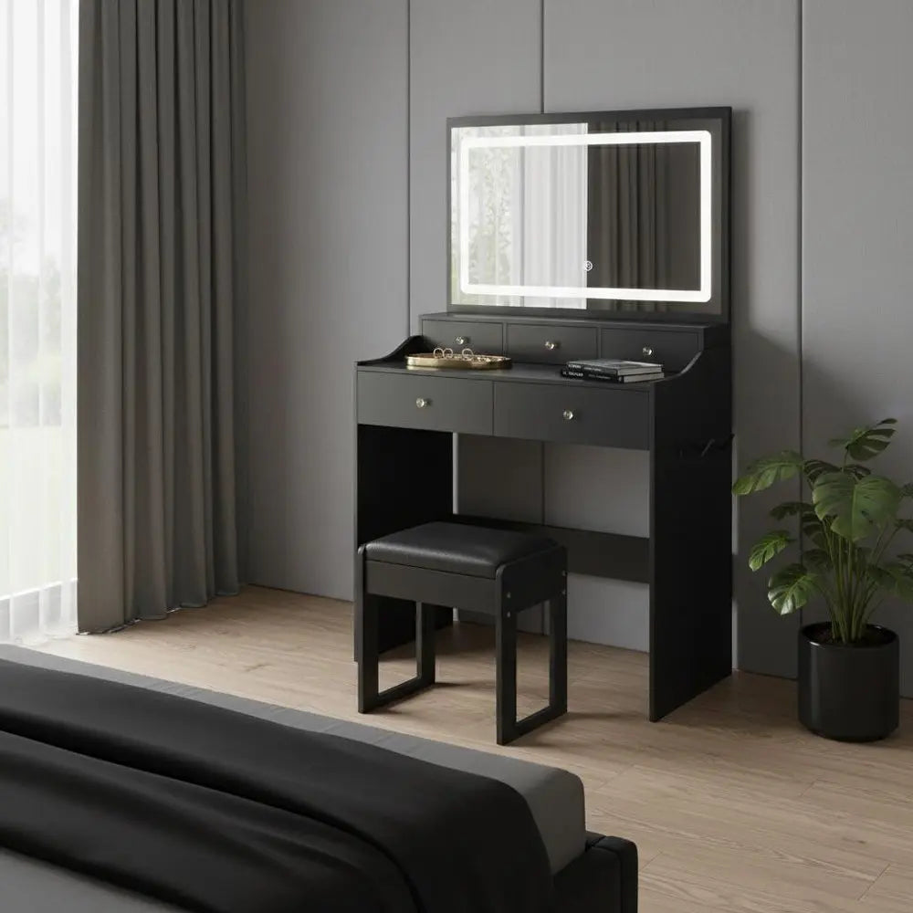 30" Black Wood Lighted Five Drawer Dresser HomeRoots