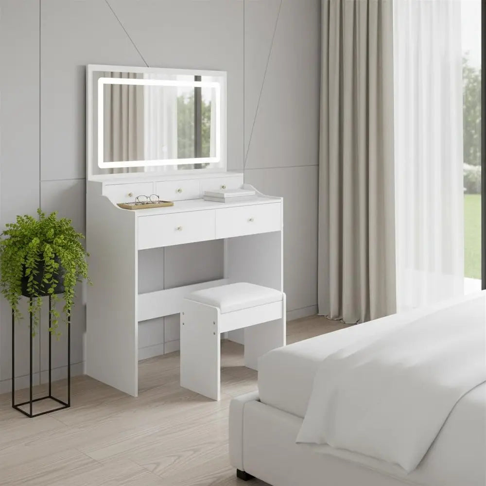 30" White Wood Lighted Five Drawer Dresser HomeRoots