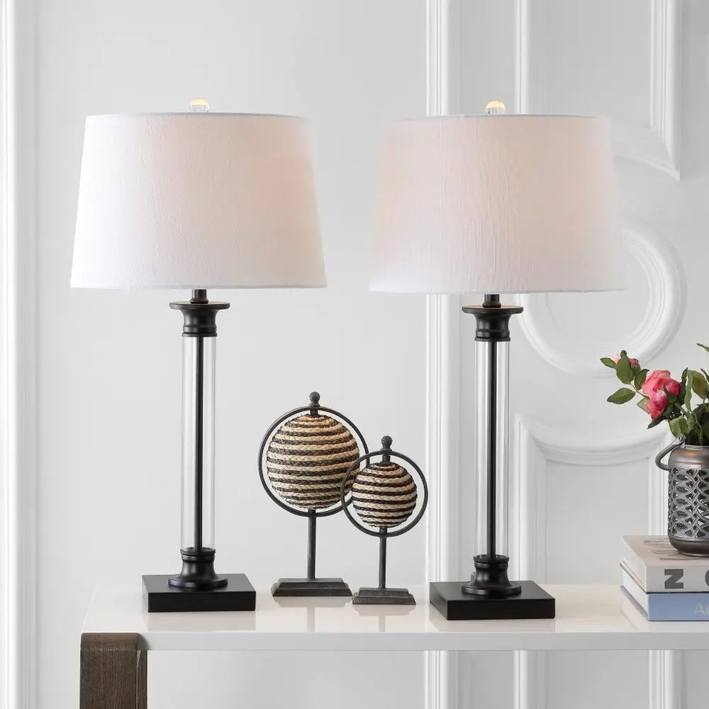 Set of Two 30" Black Novelty Table Lamps LED With Drum Shades HomeRoots