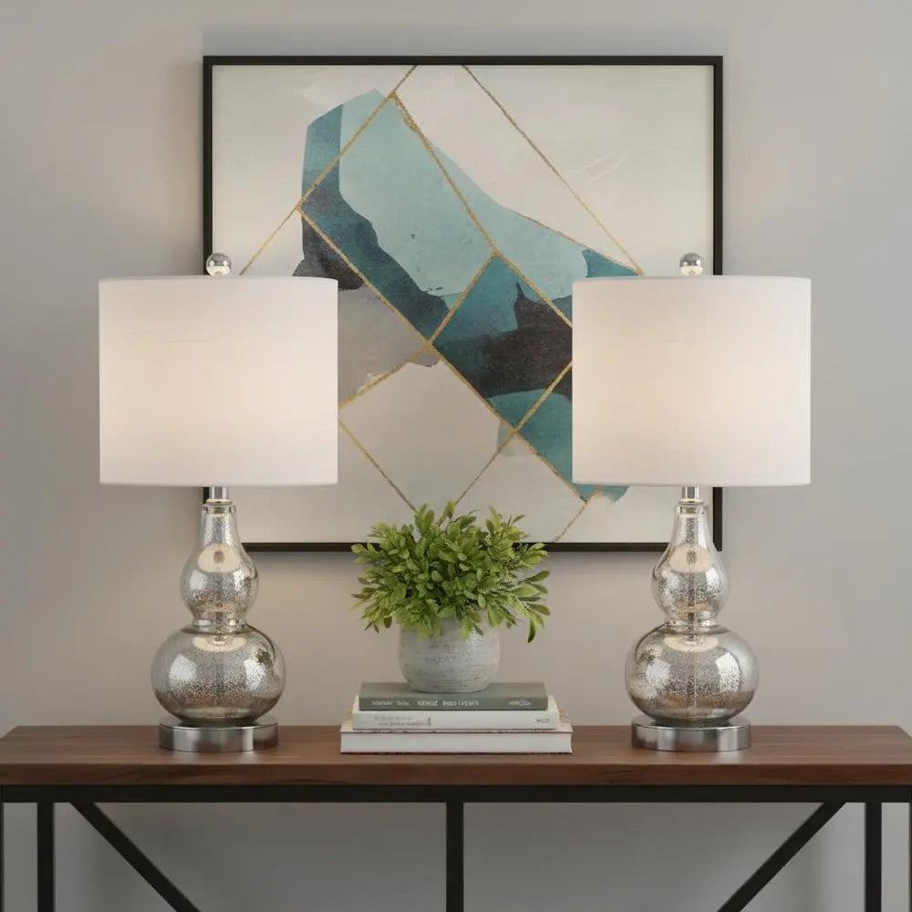 Set of Two 21" Silver Gourd Desk Lamps LED With Drum Shades HomeRoots