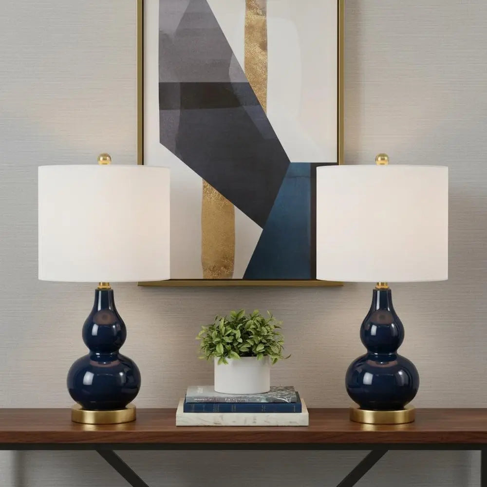 Set of Two 21" Gold Gourd Desk Lamps LED With Drum Shades HomeRoots