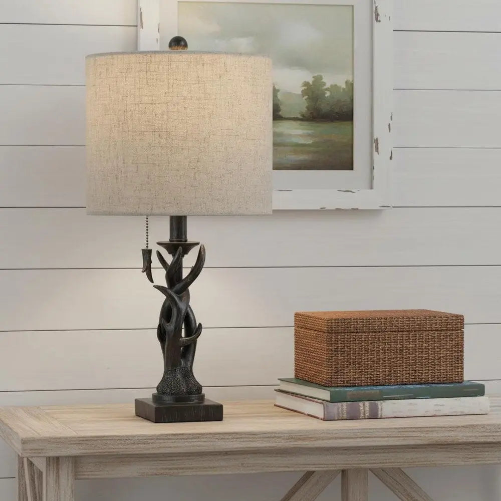 21" Black Antlers Desk Lamp LED With Drum Shade HomeRoots