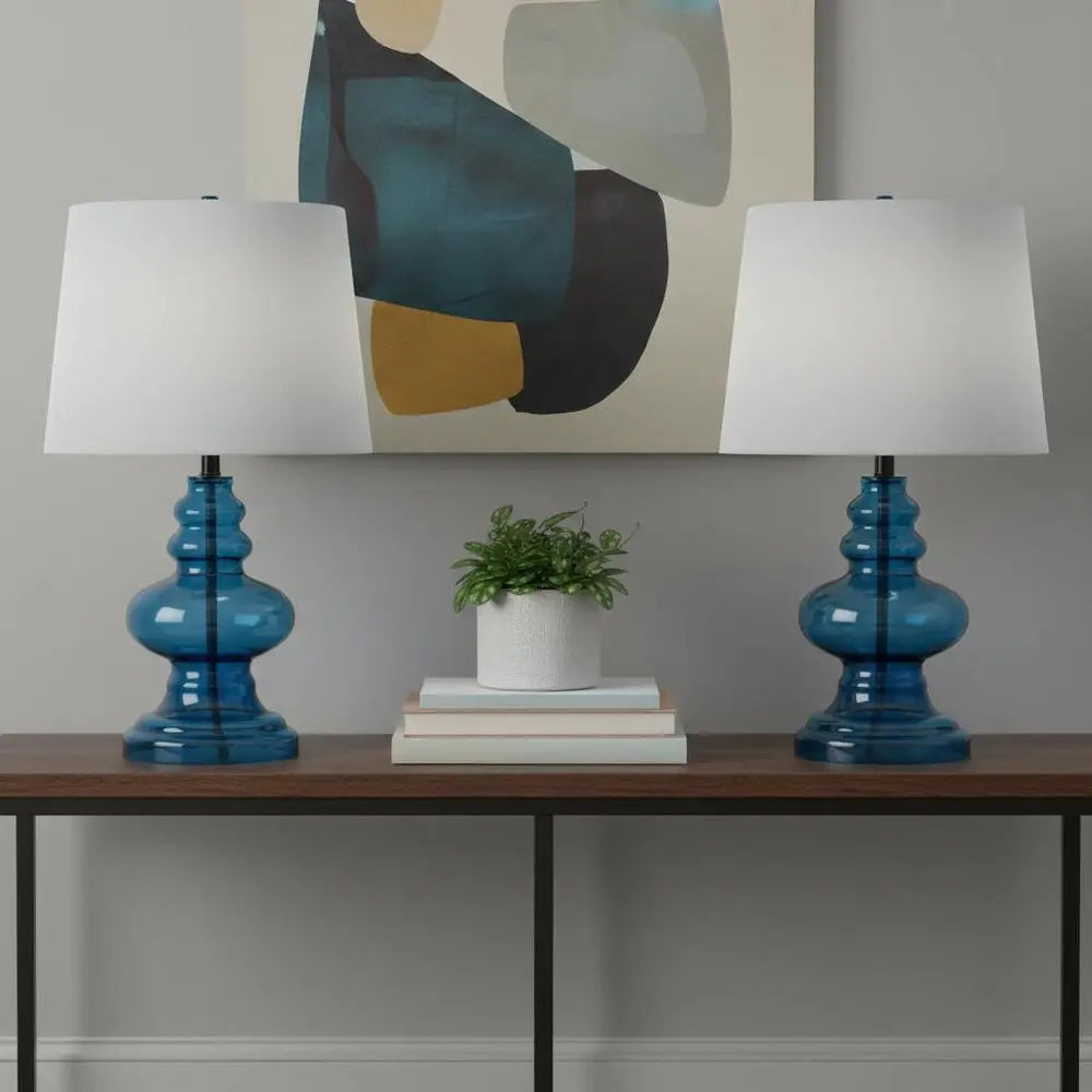 Set of Two 29" Blue Novelty Table Lamps LED With Drum Shades HomeRoots