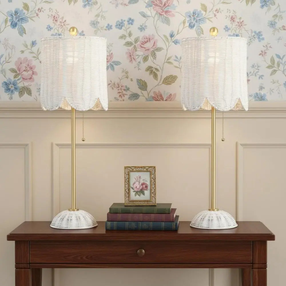 Set of Two 28" White Table Lamps LED With Drum Shades HomeRoots