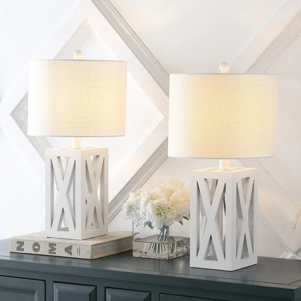 Set of Two 22" White Table Lamps LED With Drum Shades HomeRoots