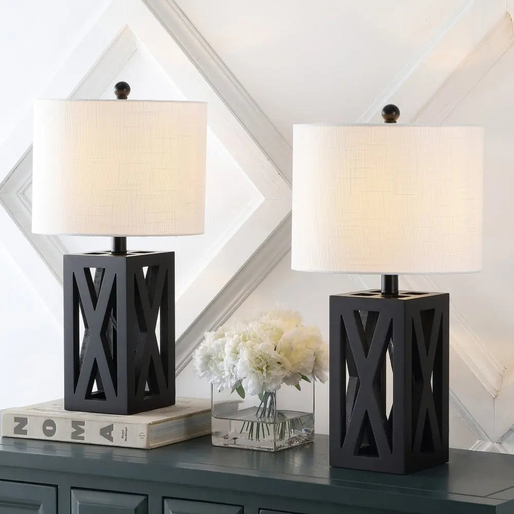 Set of Two 22" Black Table Lamps LED With Drum Shades HomeRoots